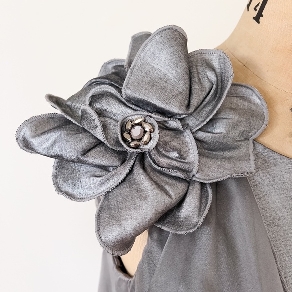 Jessica McClintock Silver Beaded Taffeta Mermaid Maxi Dress Size 12 Fairy - Picture 3 of 16